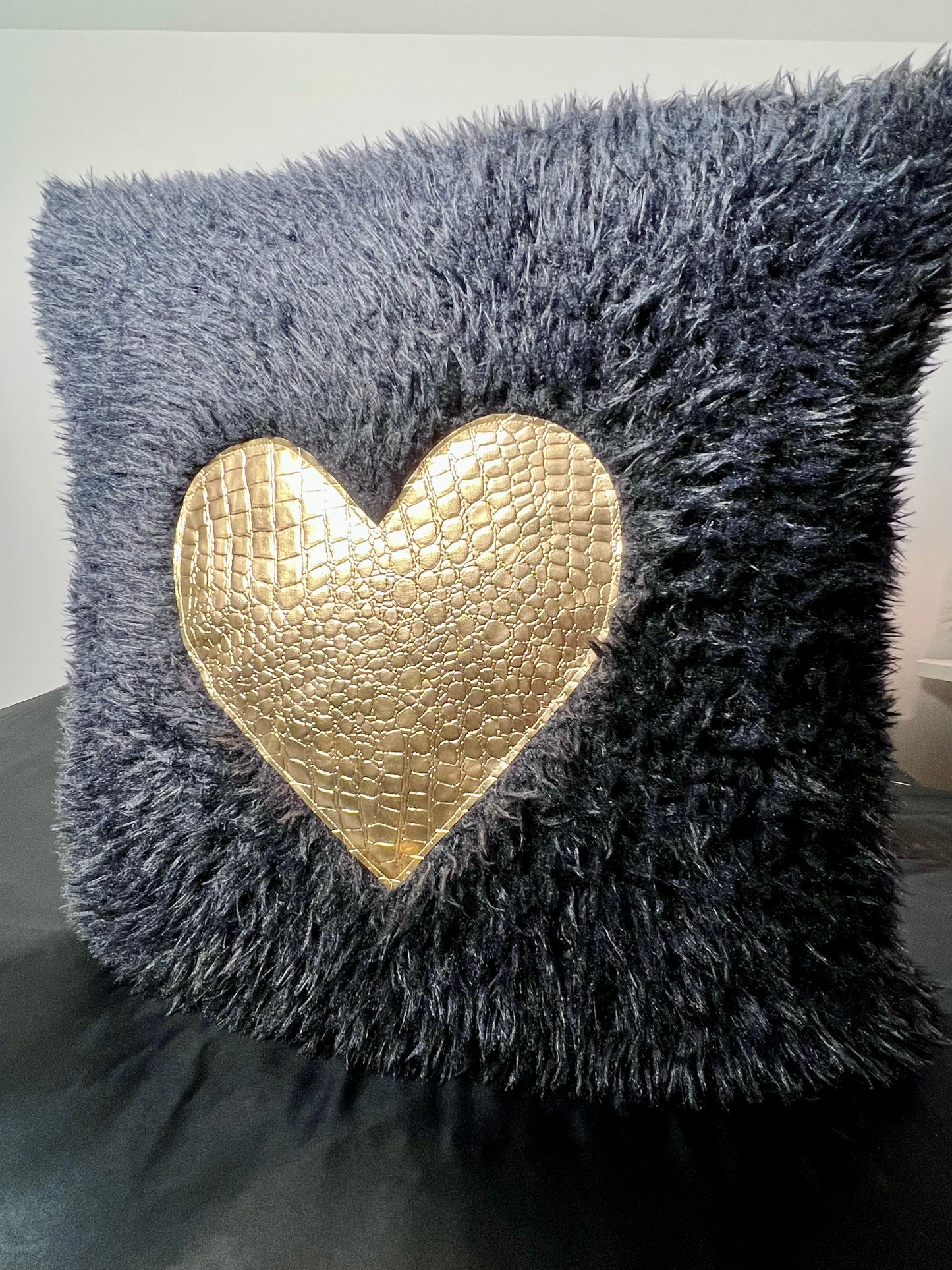Black and Gold Heart Faux Croc Pillows