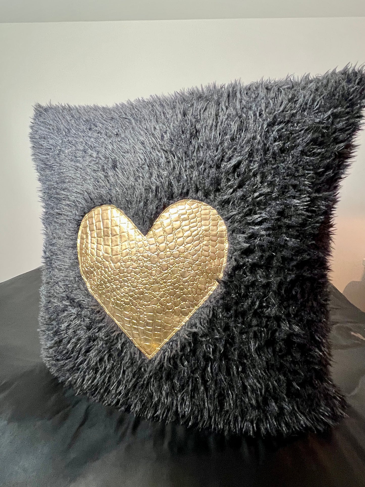 Black and Gold Heart Faux Croc Pillows