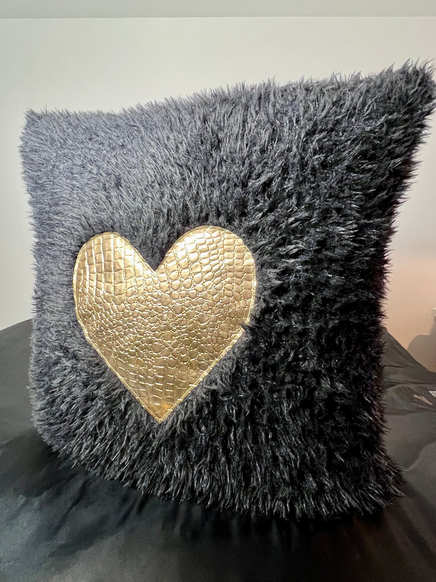Black and Gold Heart Faux Croc Pillows