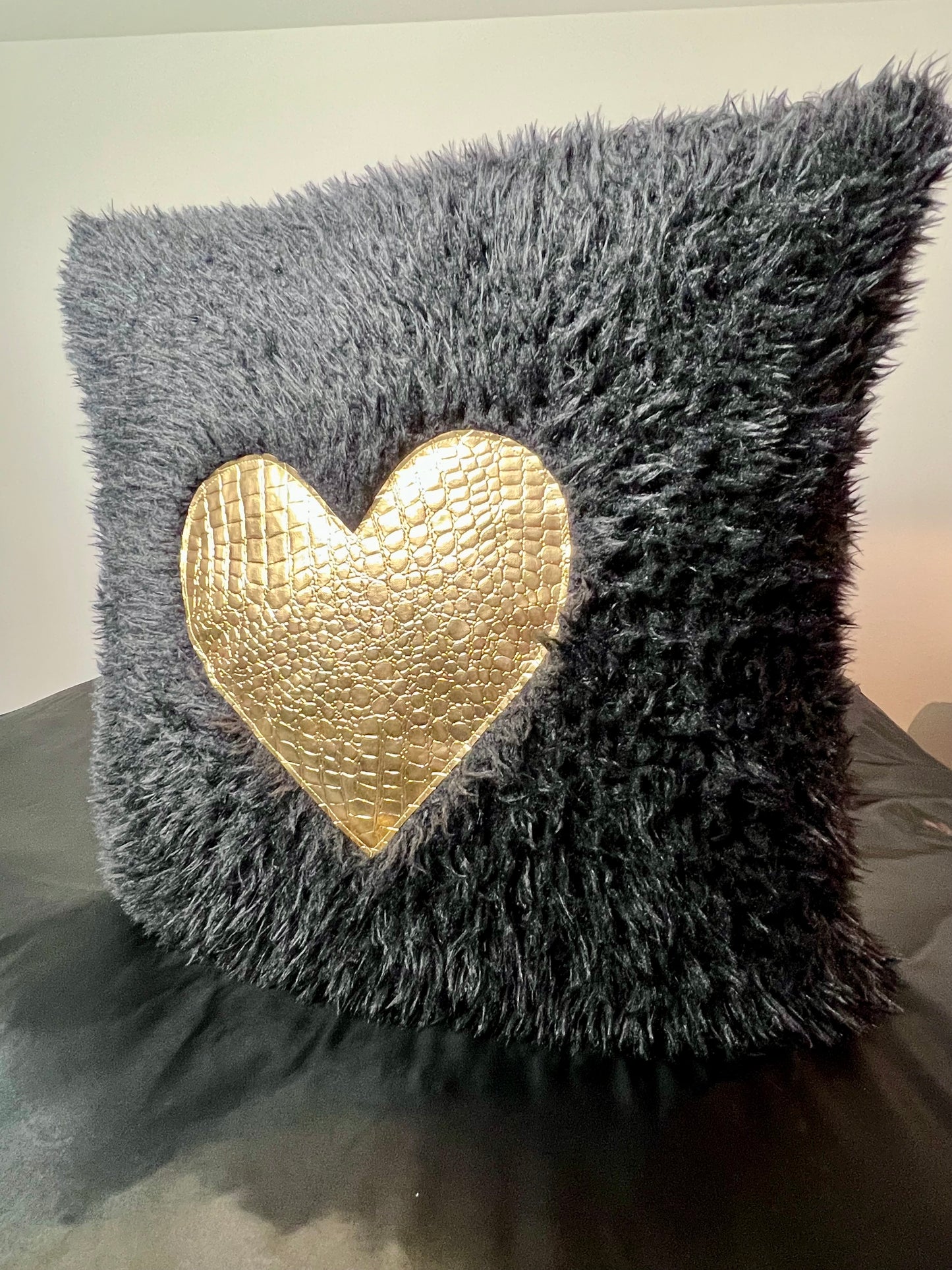 Black and Gold Heart Faux Croc Pillows