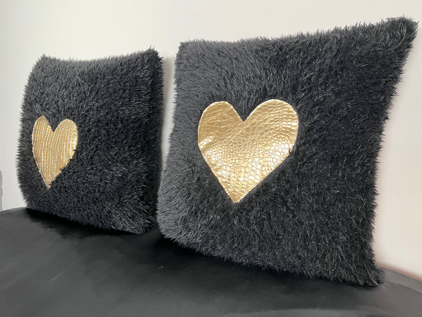 Black and Gold Heart Faux Croc Pillows