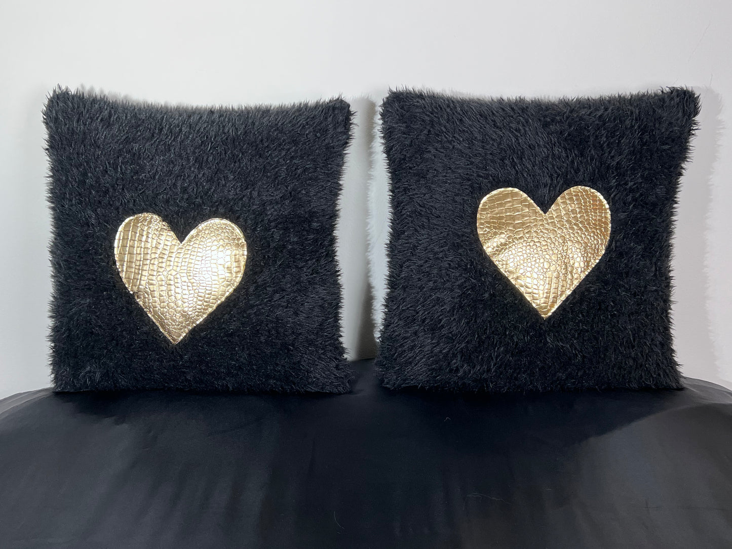 Black and Gold Heart Faux Croc Pillows