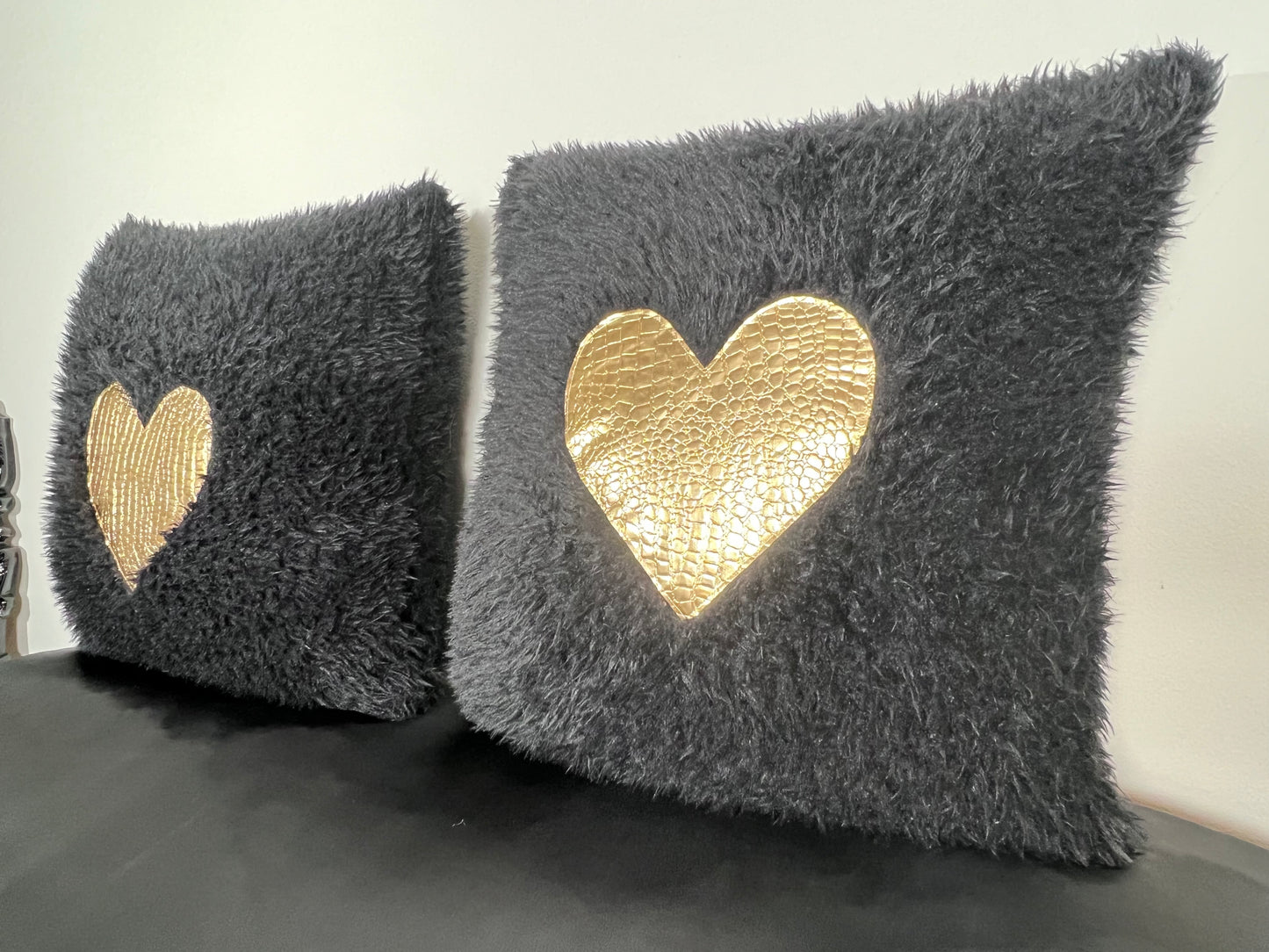 Black and Gold Heart Faux Croc Pillows