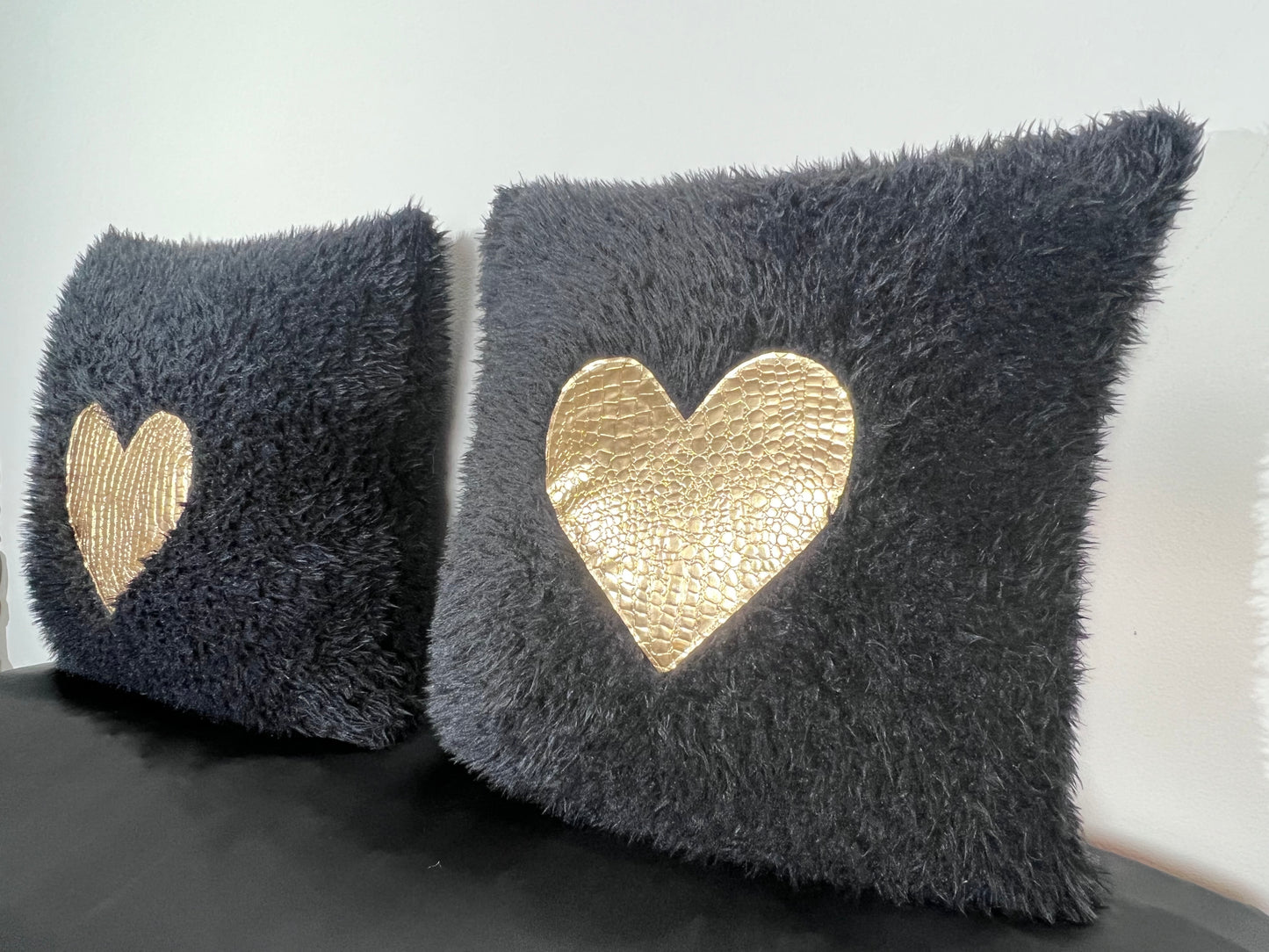 Black and Gold Heart Faux Croc Pillows