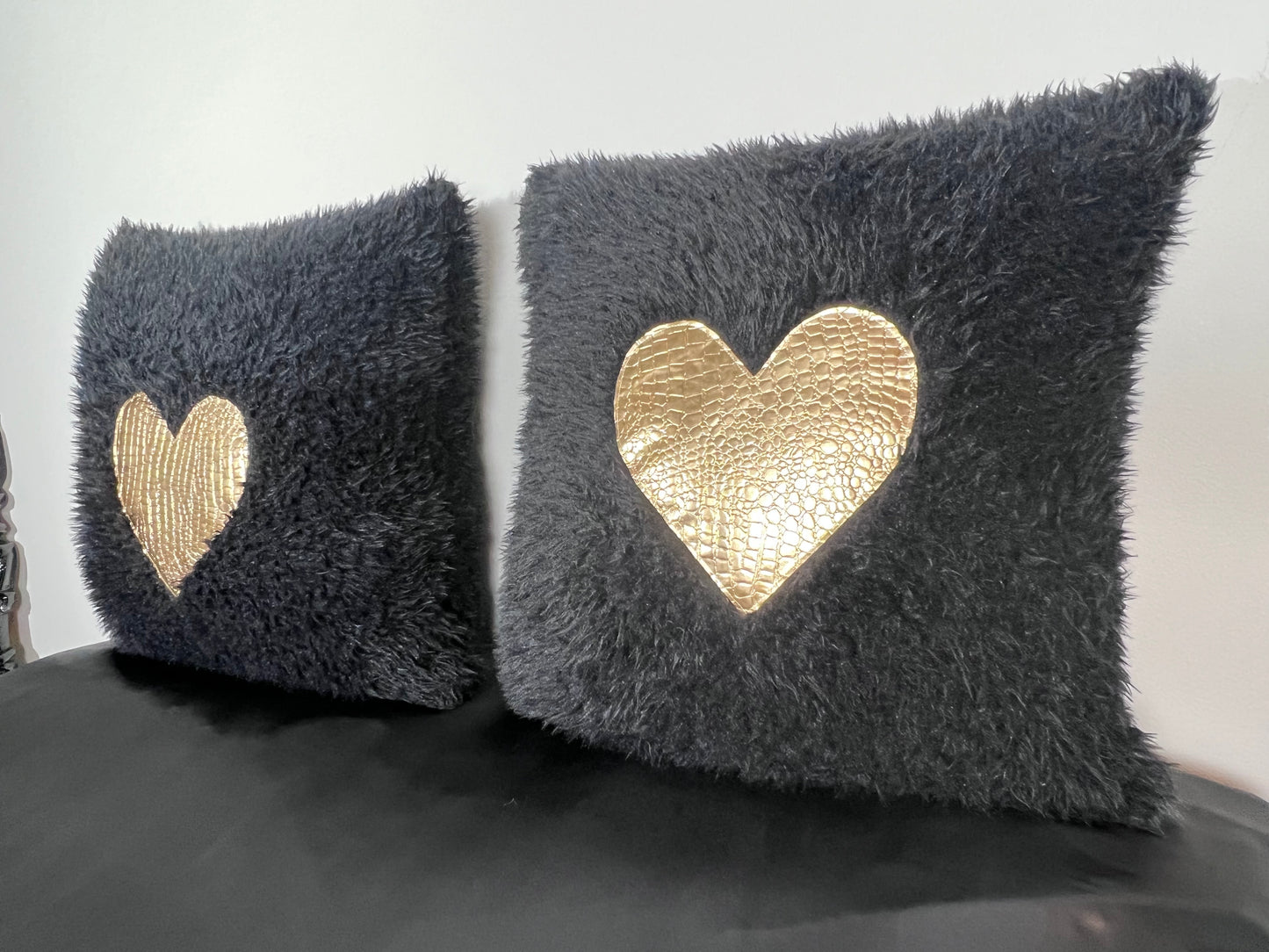 Black and Gold Heart Faux Croc Pillows