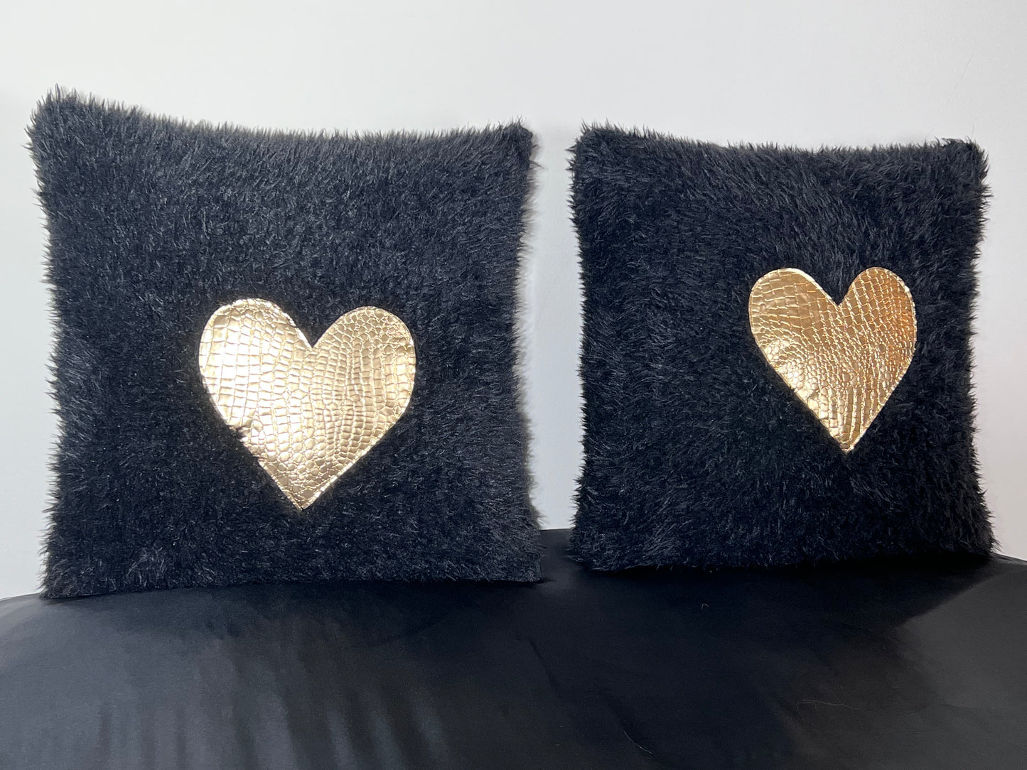 Black and Gold Heart Faux Croc Pillows