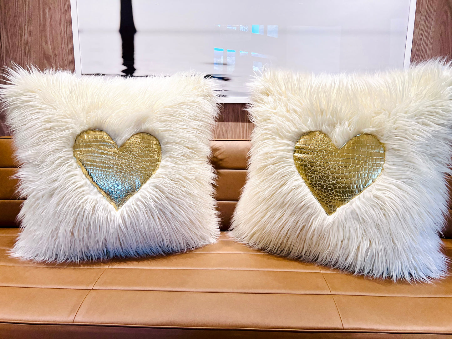 Cream and Gold Heart Faux Croc Pillows