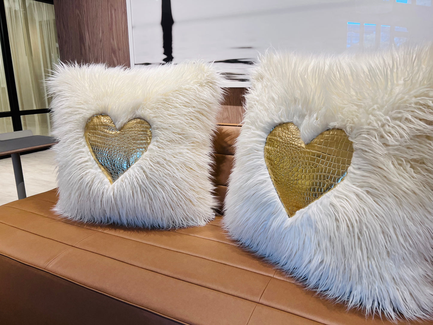 Cream and Gold Heart Faux Croc Pillows