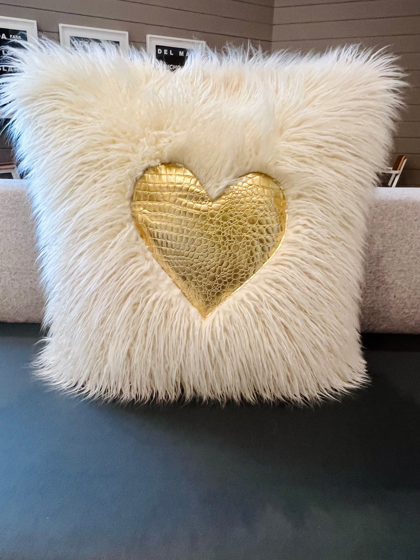 Cream and Gold Heart Faux Croc Pillows