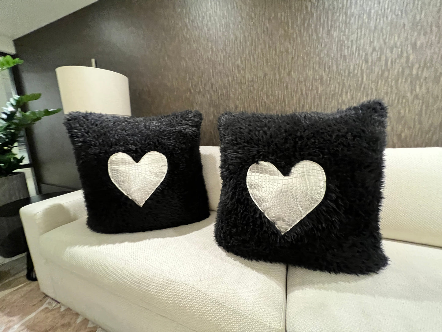 Black and Silver Heart Faux Feather Pillows