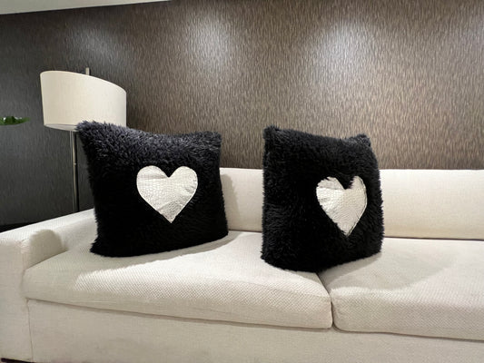 Black and Silver Heart Faux Feather Pillows