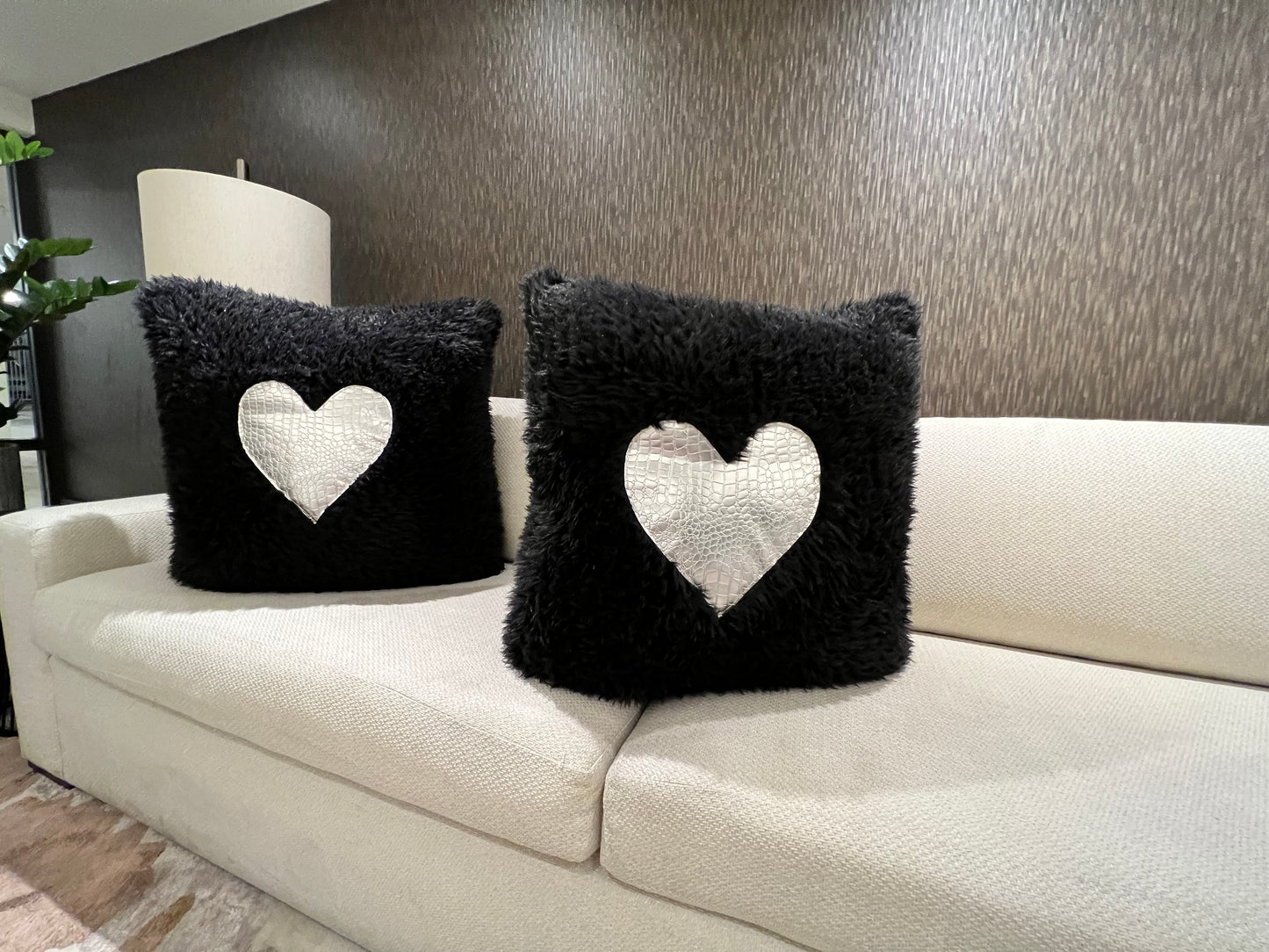 Black and Silver Heart Faux Feather Pillows