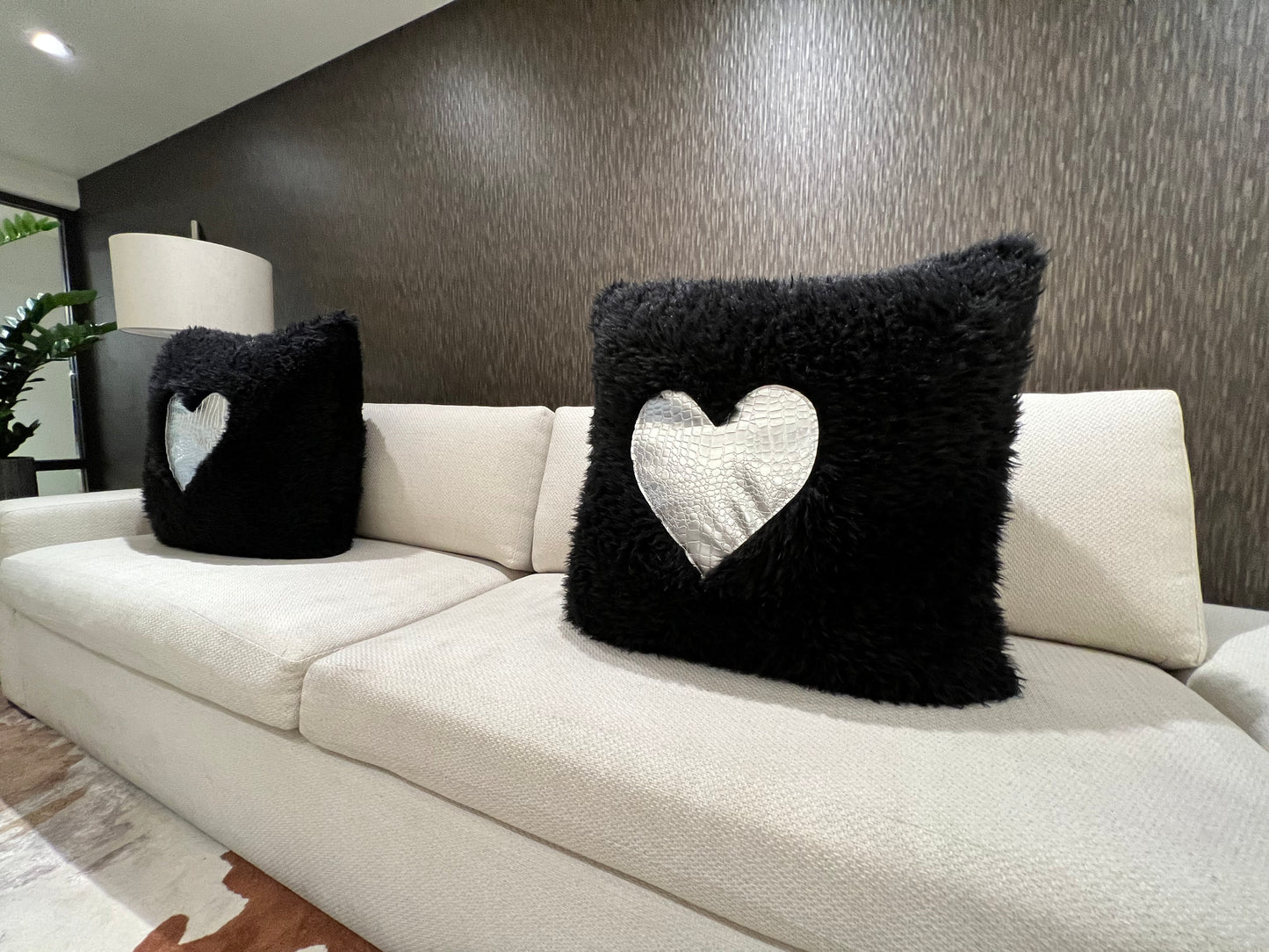 Black and Silver Heart Faux Feather Pillows