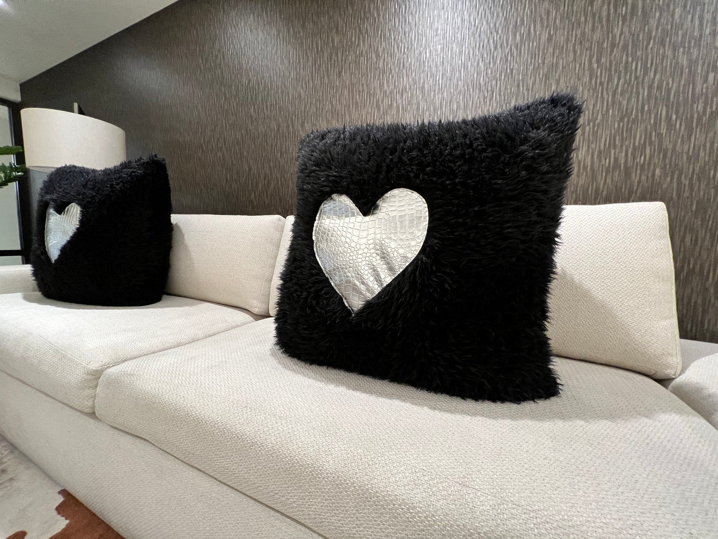 Black and Silver Heart Faux Feather Pillows