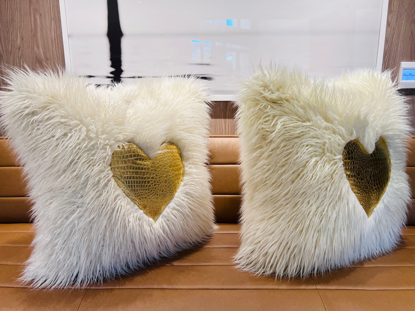 Cream and Gold Heart Faux Feather Pillows