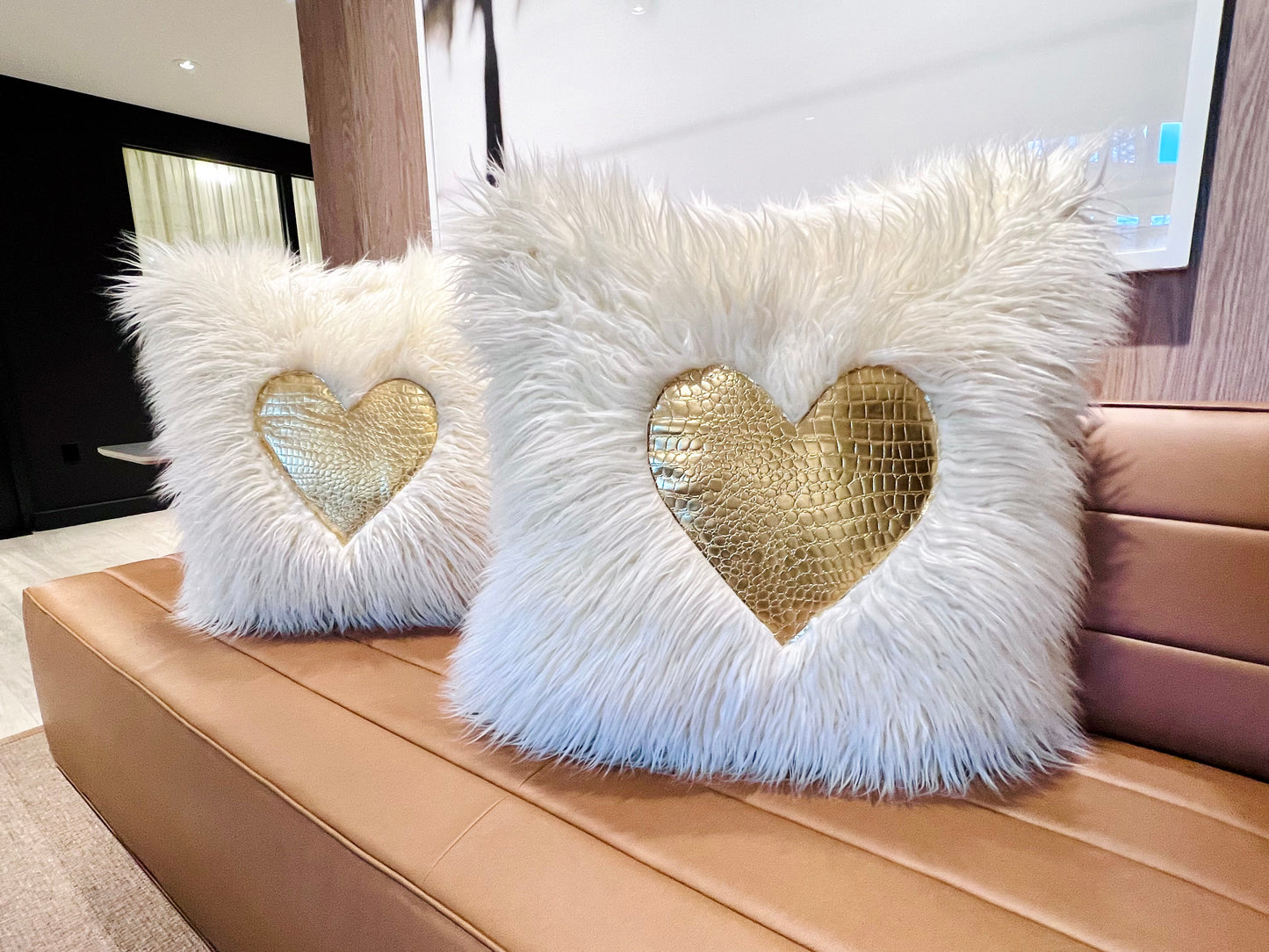 Cream and Gold Heart Faux Feather Pillows